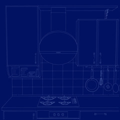 Blueprint of kitchen furniture with modern hood and appliances