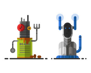 Cute vintage robot technology machine future science toy and cyborg futuristic design robotic element icon character vector illustration.