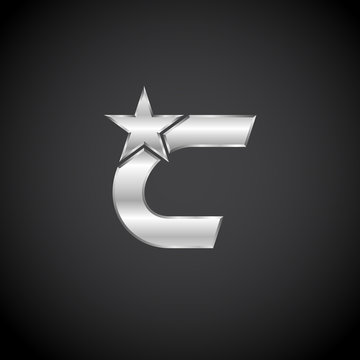 Letter C Star with metallic texture,3d Glossy, metal texture, Silver, steel logotype