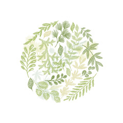 Circle green floral hand drawn composition vector isolated on white background. Greenery leaf arrangement