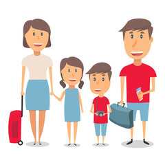 Happy family on white background. Dad, Mom, Son and Daughter Travel