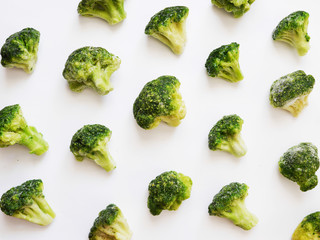 Pattern of broccoli on a white background.