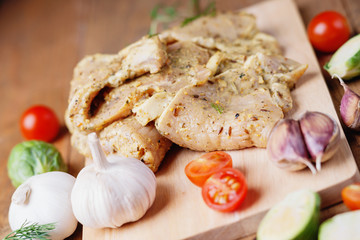Raw marinated pork meat and vegetables 