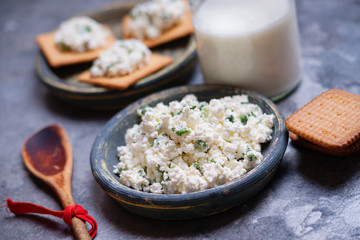 Cottage cheese, cracker cookies and glass of milk