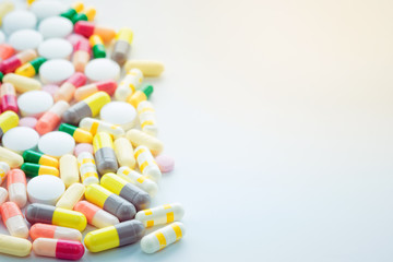 Medical,pharmacy theme background concept.Many different colorful medication and pills.