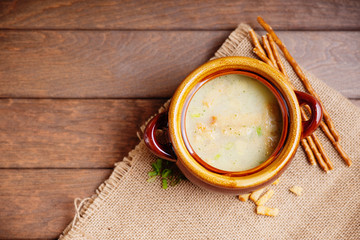 Cheese soup and bread sticks