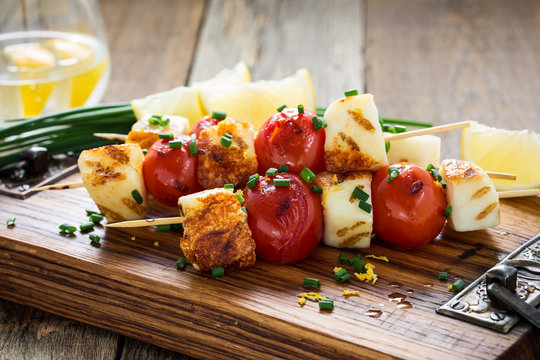 Homemade barbecue haloumi and cherry tomato kebabs