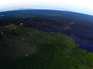 Amazon delta at night on realistic model of Earth