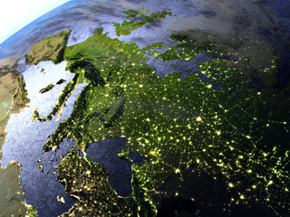 Europe at night on realistic model of Earth