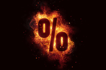 Fire sign Percent text on fire flames explosion burning