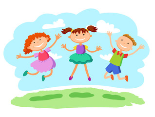 Vector Illustration of Stick Kids Jumping together