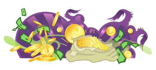 Casino background, a bag with money and coins. Jackpot casino lotto label background win sign. Vector illustration