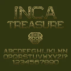 Fotobehang Golden patterned angular letters and numbers. Decorative elegant font. Isolated english alphabet with text Inca Treasure. © PerepadiaY
