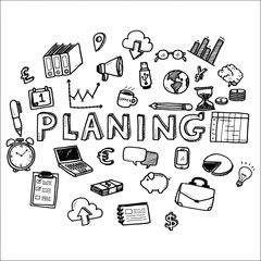 Hand draw business doodles with varieties of business icons and words set on white background.Concept for business idea,startup and innovation technology.