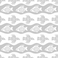 Seamless grayscale pattern with fish and bird stylized primitive art.