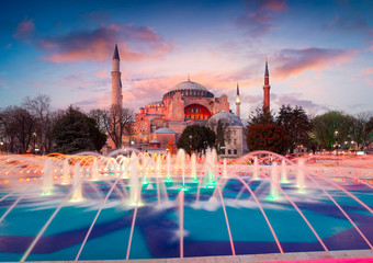 Colorful spring sunset in Sultan Ahmet park in Istanbul, Turkey