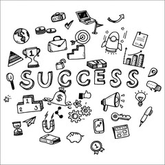 Hand draw business doodles with varieties of business icons and words set on white background.Concept for business idea,startup and innovation technology.