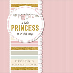 Beautiful baby shower card template with golden glittering details