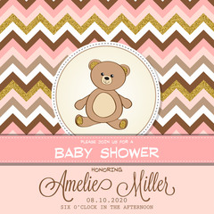 Beautiful baby shower card template with golden glittering details