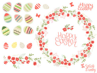Round frame with pretty flowers roses and text Happy Easter. Festive floral circle for your season design.