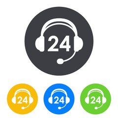 Icono plano texto 24 en auriculares con microfono en circulo varios colores