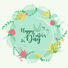 Fototapeta na wymiar Easter wreath with easter eggs hand drawn green on green background