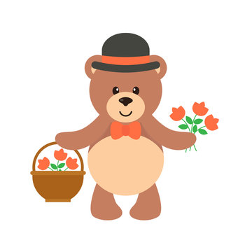 cartoon cute bear with flower and basket