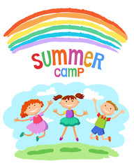 Obraz na płótnie Canvas Kids jumping with joy on a hill under rainbow, colorful cartoon