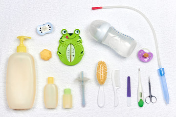 Obraz premium baby organic cosmetic for bath on white bakground top view