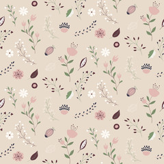 Seamless vector floral pattern with flowers, leaves and branches - 141471927