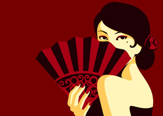 Glamorous flamenco fashion woman sensual look hiding behind fan minimal flat design vector illustration