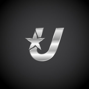 Letter U Star with metallic texture,3d Glossy, metal texture, Silver, steel logotype