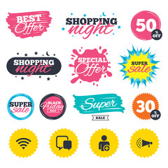 Wifi and chat bubbles. Add user, megaphone.