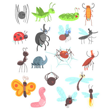 Cute Friendly Insects Set With Cartoon Bugs, Beetles, Flies, Spiders And Other Small Animals