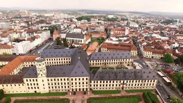 An aerial shot of the town castle of Fulda in Hesse. The camera 