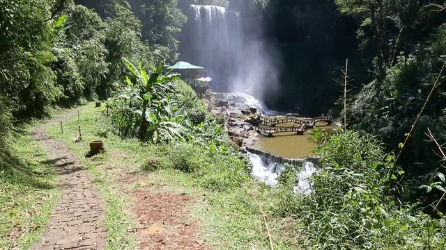 Waterfall in rainforest tilt up