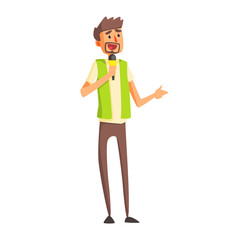 Journalist In Green Vest Asking Quesion On Press Conference, Official Press Reporter Working, Collecting Information And Making News, Part Of Journalism Set Of Illustrations