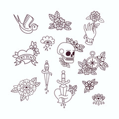 Old School Tattoo Elements. Set of Vintage Tattoos.