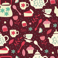 Seamless Pattern with Tea Elements. Background with Teapots, Cups, Lemon, Flowers and Leaves. Hand Drawn Vector Illustration.