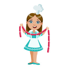 Girl Holding String Of Sausages, Cute Kid In Chief Toque Hat Cooking Food Vector Illustration