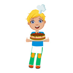 Boy Holding Chocolate Party Cake, Cute Kid In Chief Toque Hat Cooking Food Vector Illustration