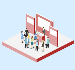 Isometric flat 3D concept vector exhibition or promotion stand.