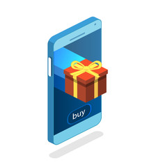 Isometric flat gift box on top of phone touch screen