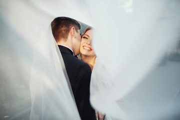 Groom kisses smiling bride standing under the veil