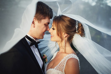 Wind blows veil on bride and groom looking at each other with love