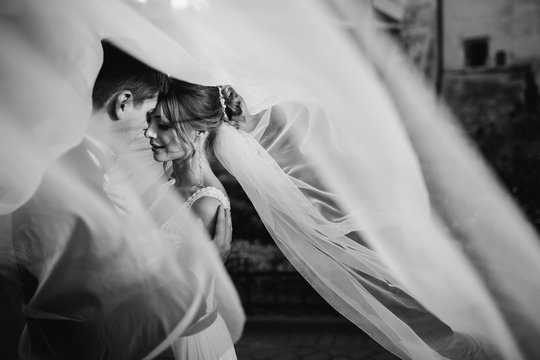 Wind covers hugging wedding couple with a veil