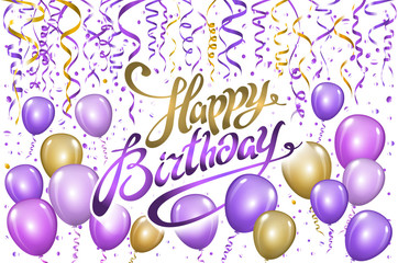 violet gold balloons happy birthday background. vector