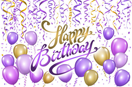 violet gold balloons happy birthday background. vector
