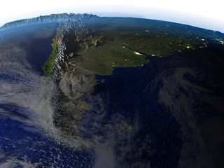 Patagonia at night on realistic model of Earth