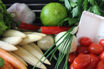 fresh vegetables and herbs, oregano, sage, chive, parsley, dill, onion, cucumber, green vegetables,  red vegetables, tomatoes, peper, red peper,  